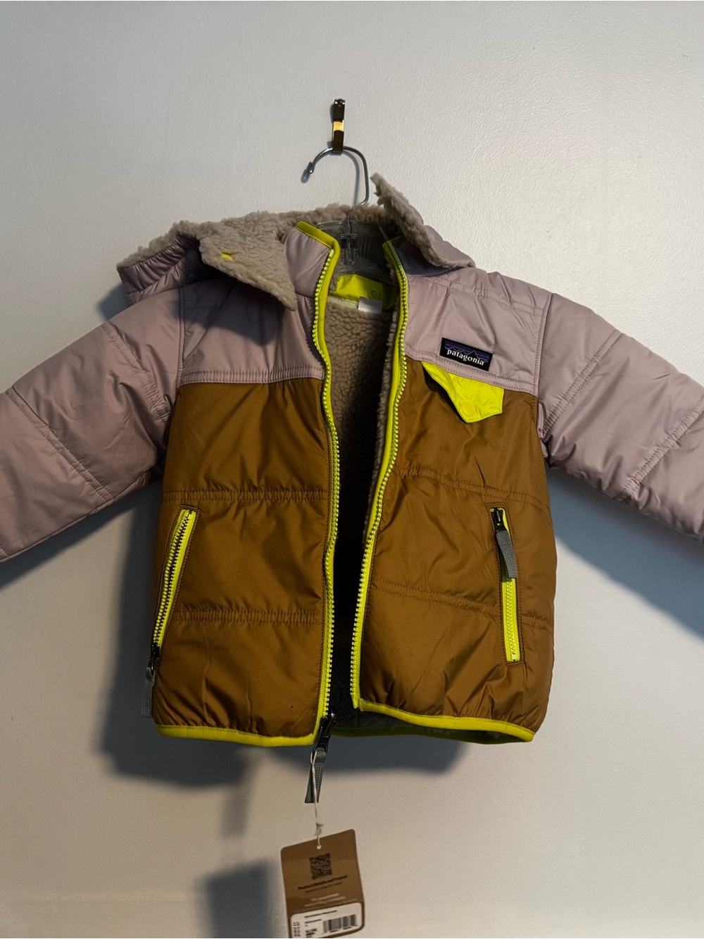 Patagonia Kids Reversible Two-Tone Puffy Jacket in Pink, Brown & Yellow Trim